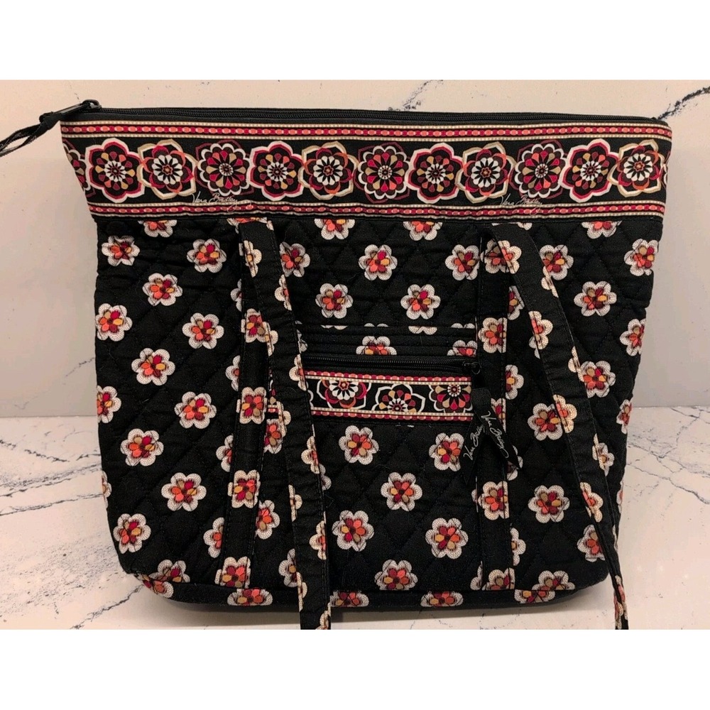 Vera Bradley Large Black Pirouette Shoulder Bag Zip Top Plaid Interior
